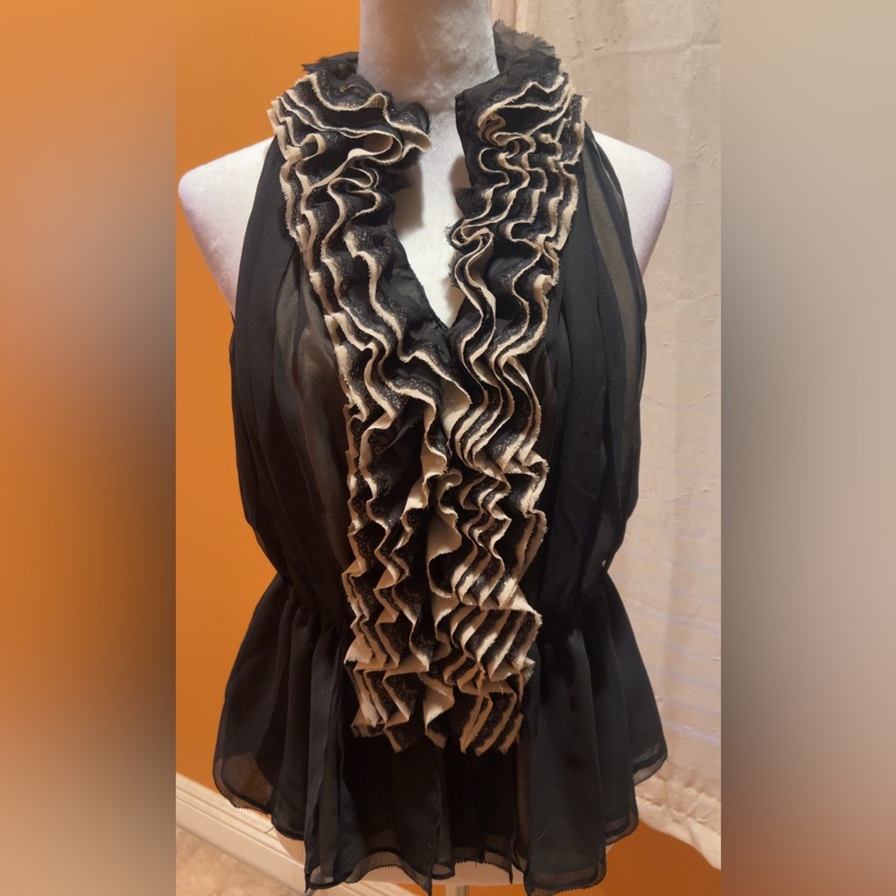 Women’s  Black Cream Ruffled Blouse Shirt Top Medium